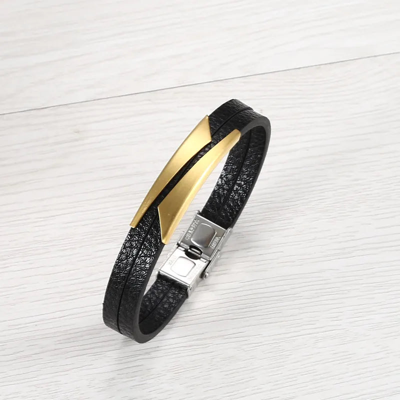 Ethnic Style Solid Color Pu Leather Titanium Steel Men's Bracelets Men Cord & Leather Bracelets