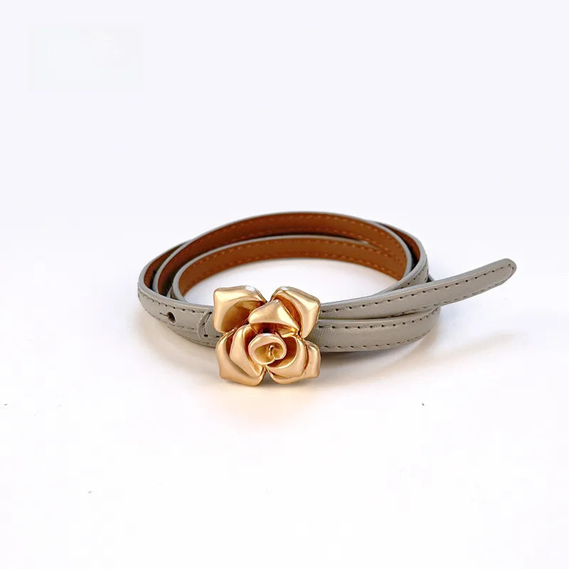 New Genuine Leather Women's Thin Belt Women's Flower Waist Slim Cowhide Women's Belt with Sweater Dress