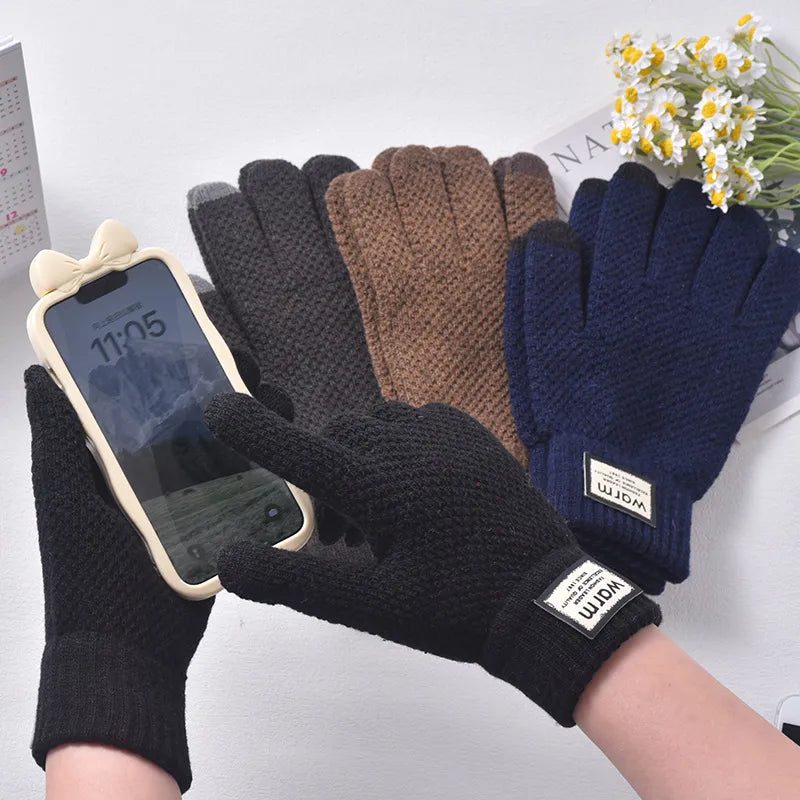 Knitted wool gloves non-slip five-finger plus velvet finger touch screen gloves for men and women autumn and winter Korean version of thick warm cycling gloves