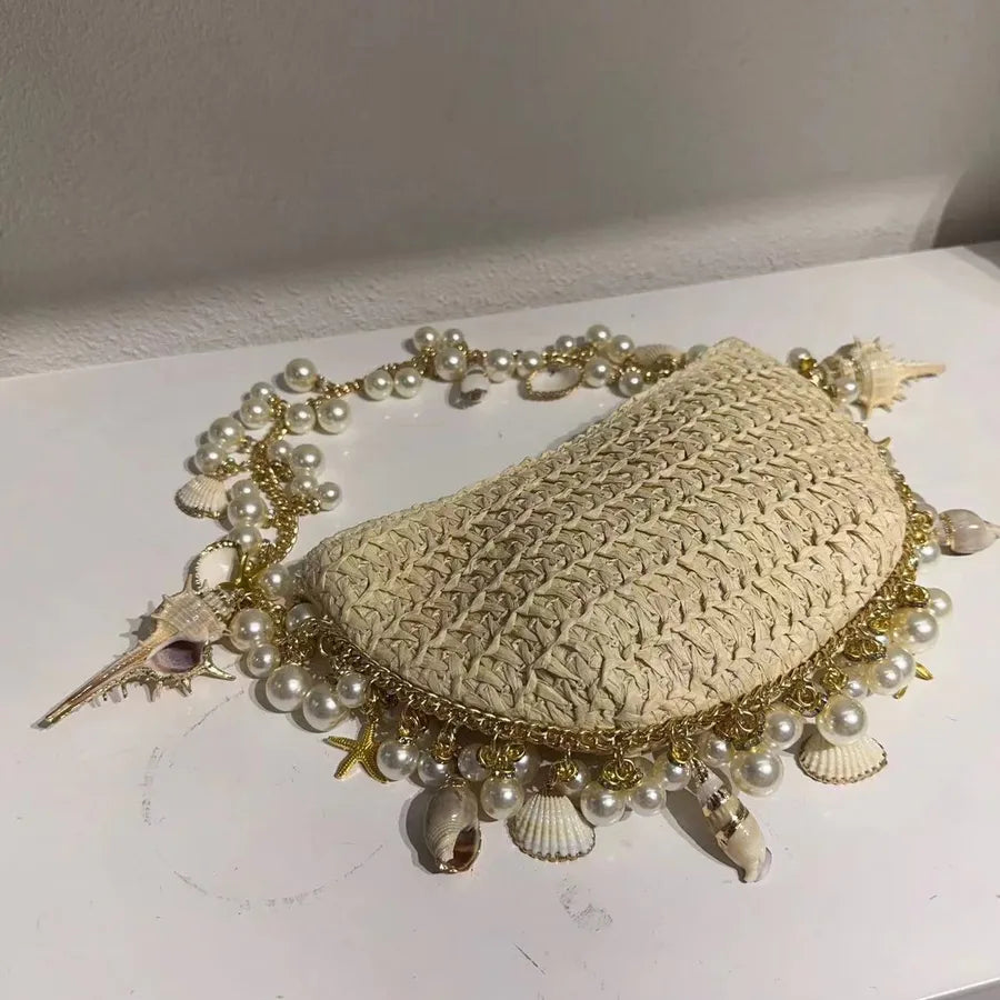 Women's Straw Starfish Pearl Shell Streetwear Weave Semicircle Zipper Straw Bag