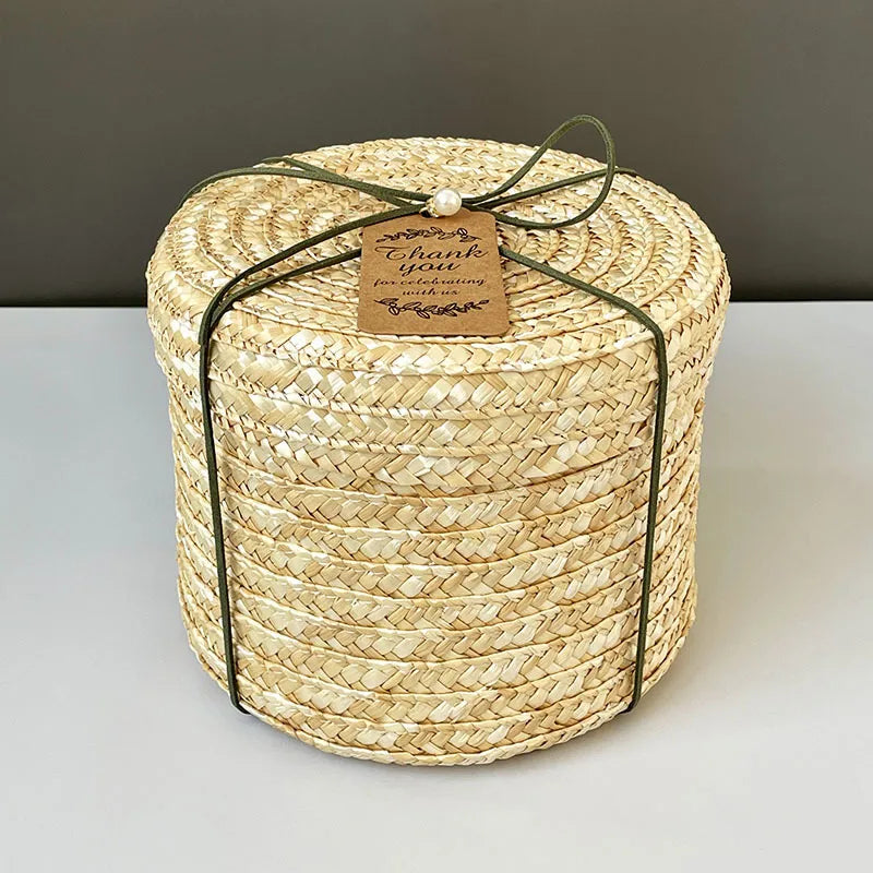 Round Straw Box with Lid Hug Bucket Rattan Hand Gift Box Baking Wedding  Storage Handmade Woven Box