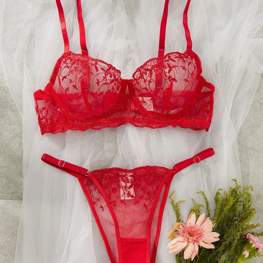 Women's Sexy Plant Sexy Lingerie Sets Home Honeymoon Sheer Bra Low Waist See-Through Sexy Lingerie