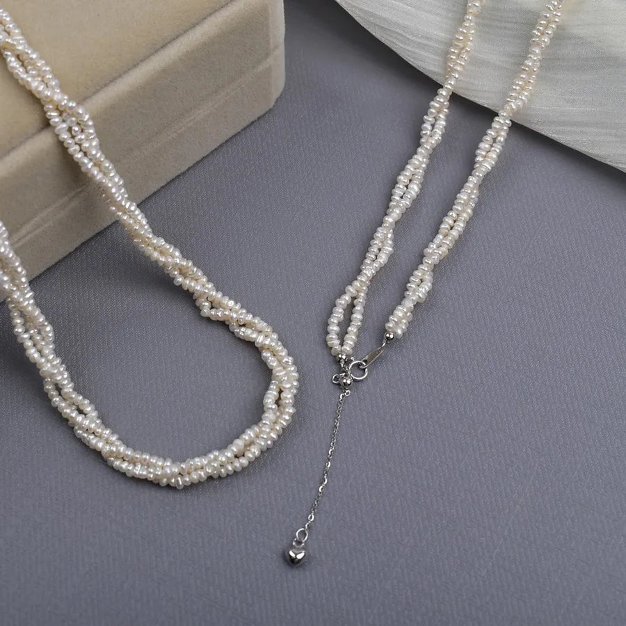 Natural Freshwater Pearl Necklace Simple Style Three-Layer Double-Layer Twisted Chain Small Flat Beads 2-3mm Jewelry Accessory