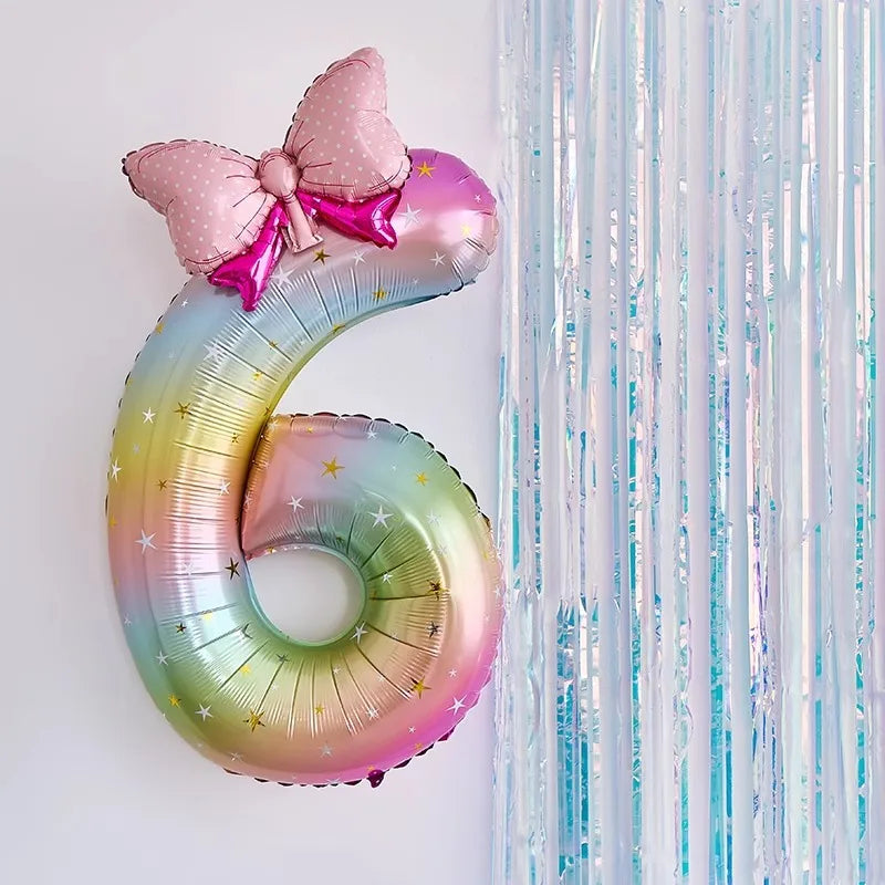 40-Inch Rainbow Star Gradient Colorful Balloons With Bow Knot Set Birthday Party Scene Decorations Digital Number Balloons