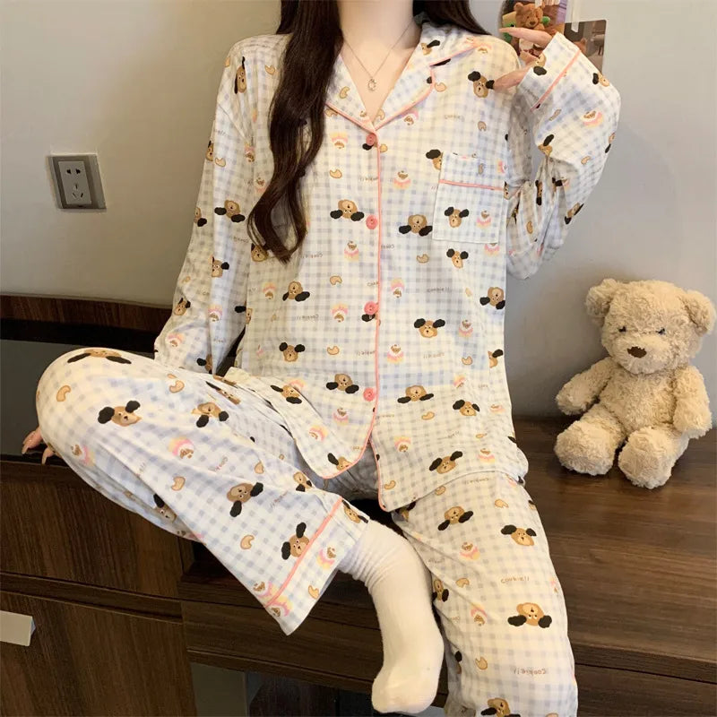 Purple Heart Sweet Style Women's Sleepwear Long Sleeve Home Clothes Spring Autumn High Sensation Dormitory Outdoor Wear Set