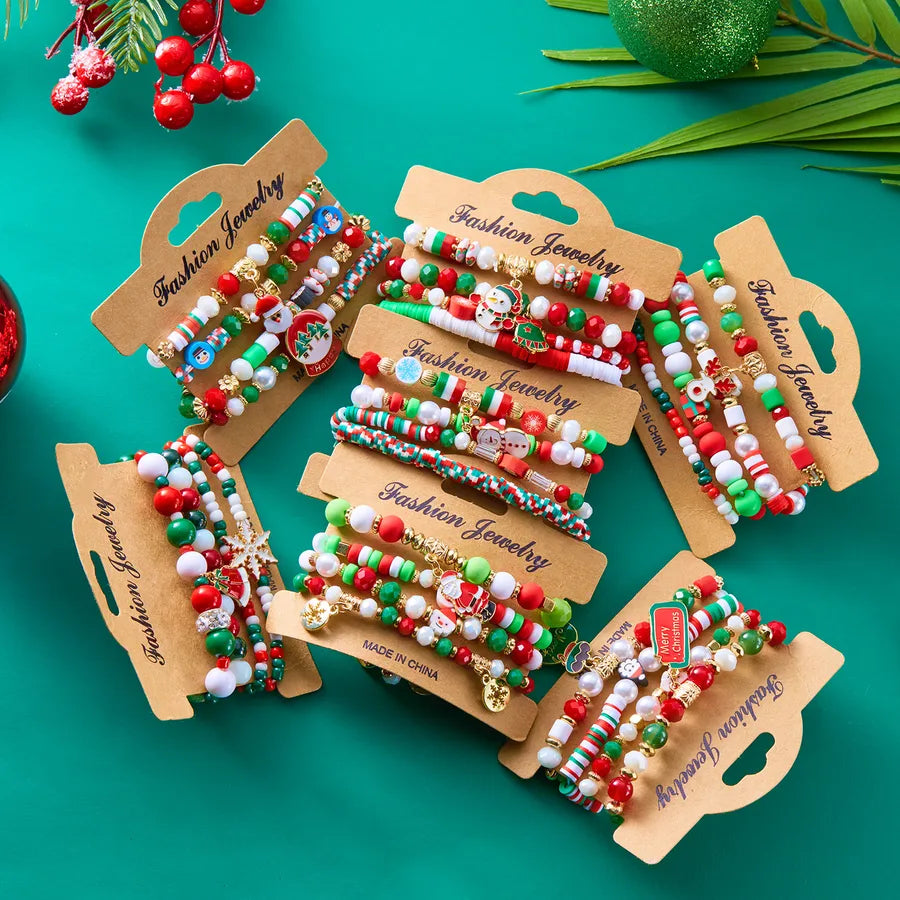 New Christmas Theme Acrylic Santa Claus And Reindeer Elastic Beaded Bracelet Set Colorful Festive Unisex Handmade Jewelry