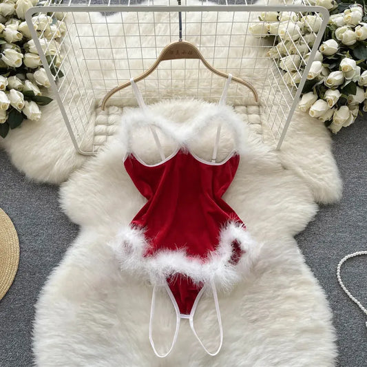 Women's Christmas Sexy Solid Color Sexy Lingerie Sets Party Jumpsuit Mid Waist Thong Sexy Lingerie