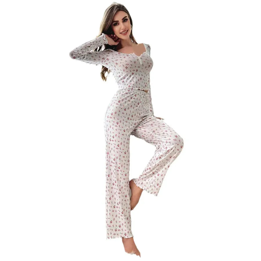 European Style Long Sleeve V-Neck Floral Print Sleepwear Set Women's Home Clothes With Cuffed Pants Thick Polyester Knitted Fabric