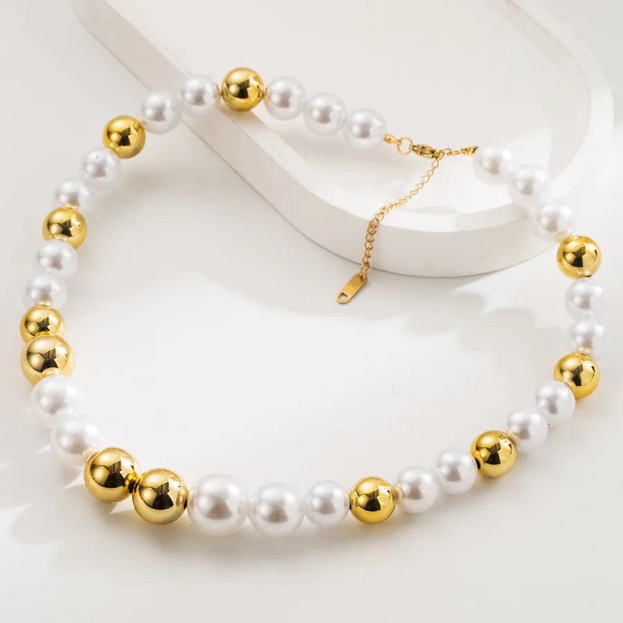 Simple Style Classic Style Geometric 14K Gold Plated Pearl Titanium Steel Beaded Chain Beaded Necklaces Wholesale