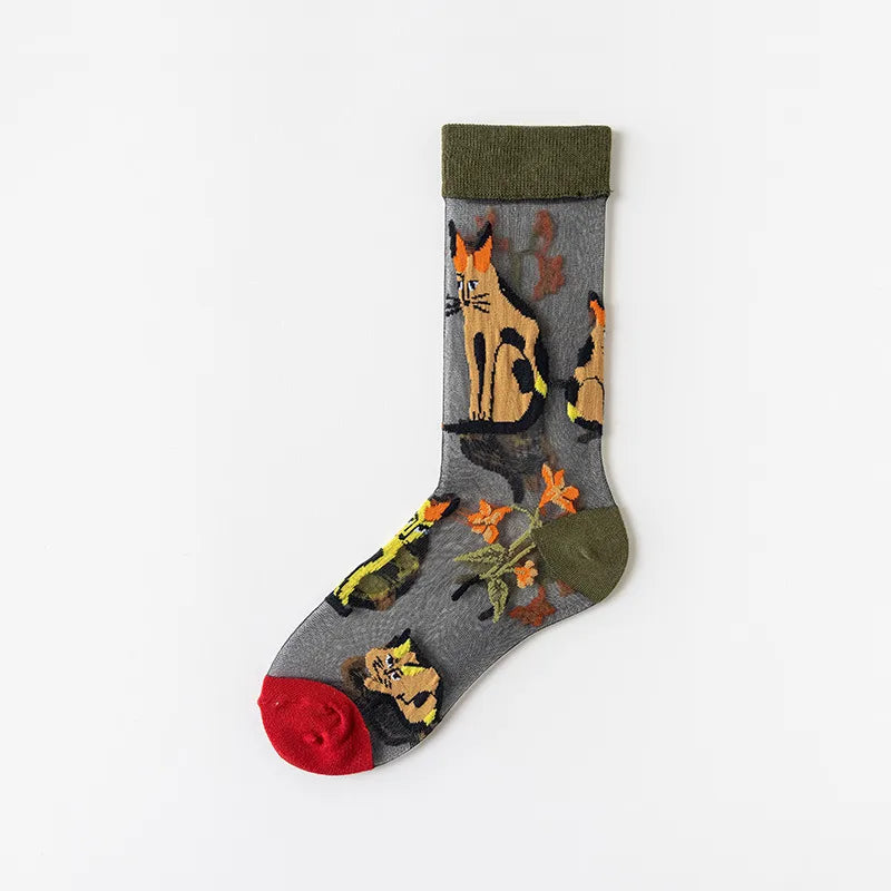 women's japanese style flower nylon crew socks a pair