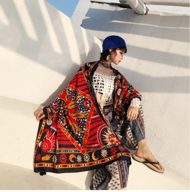 women's retro vacation geometric cotton and linen scarf