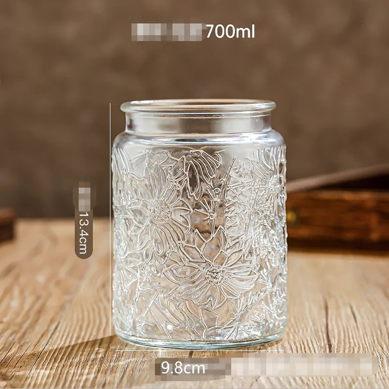 Glass Embossed Glass Sealed Jar Square Storage Jar Snack Dried Fruit Storage Jar Kitchen Household Glass Jar Vintage