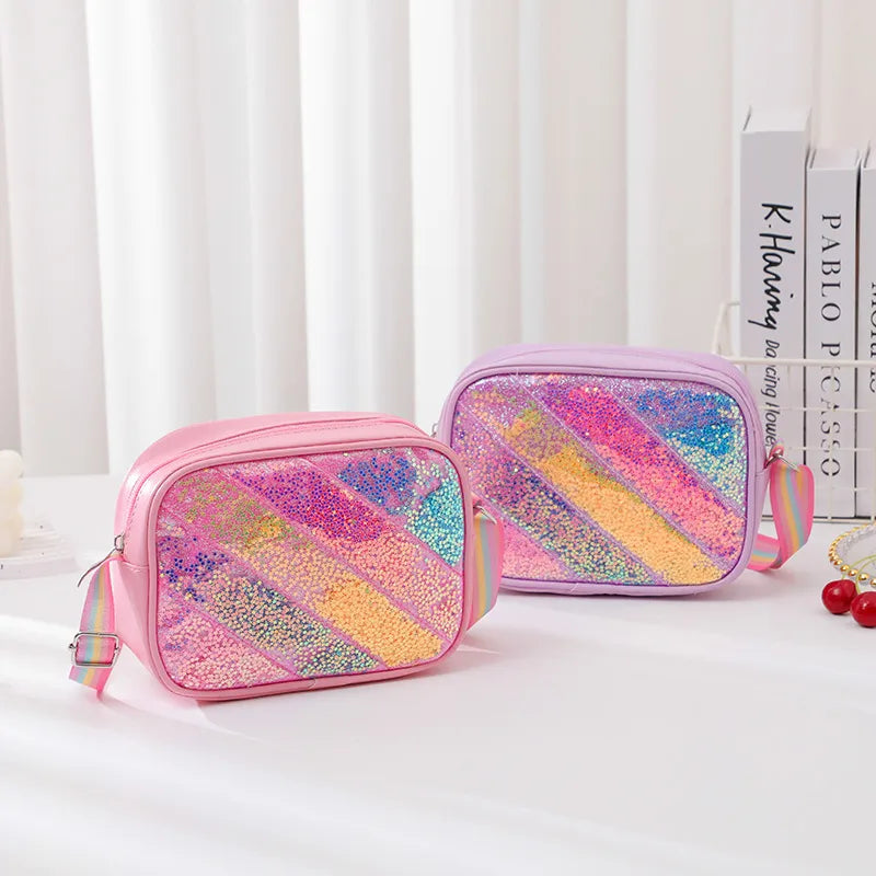 Kid'S Pu Leather Stripe Cute Sequins Square Zipper Shoulder Bag