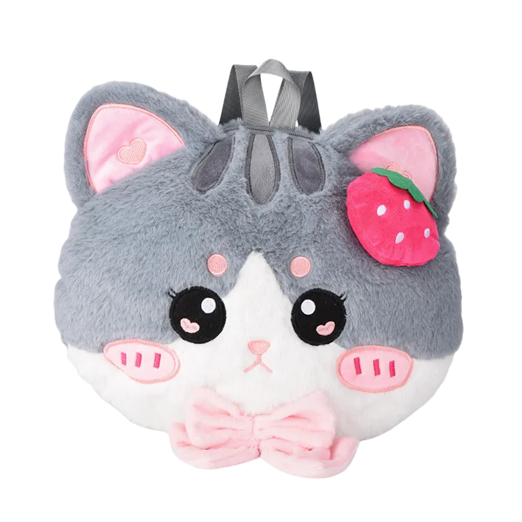 Girl'S Plush Cartoon Cat Cute Oval Zipper Functional Backpack Crossbody Bag