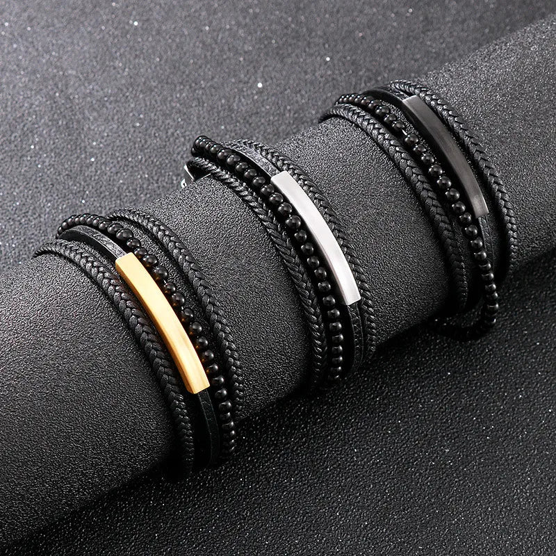 Hip-Hop Retro Color Block Pu Leather Titanium Steel Plating 18K Gold Plated Men's Bangle