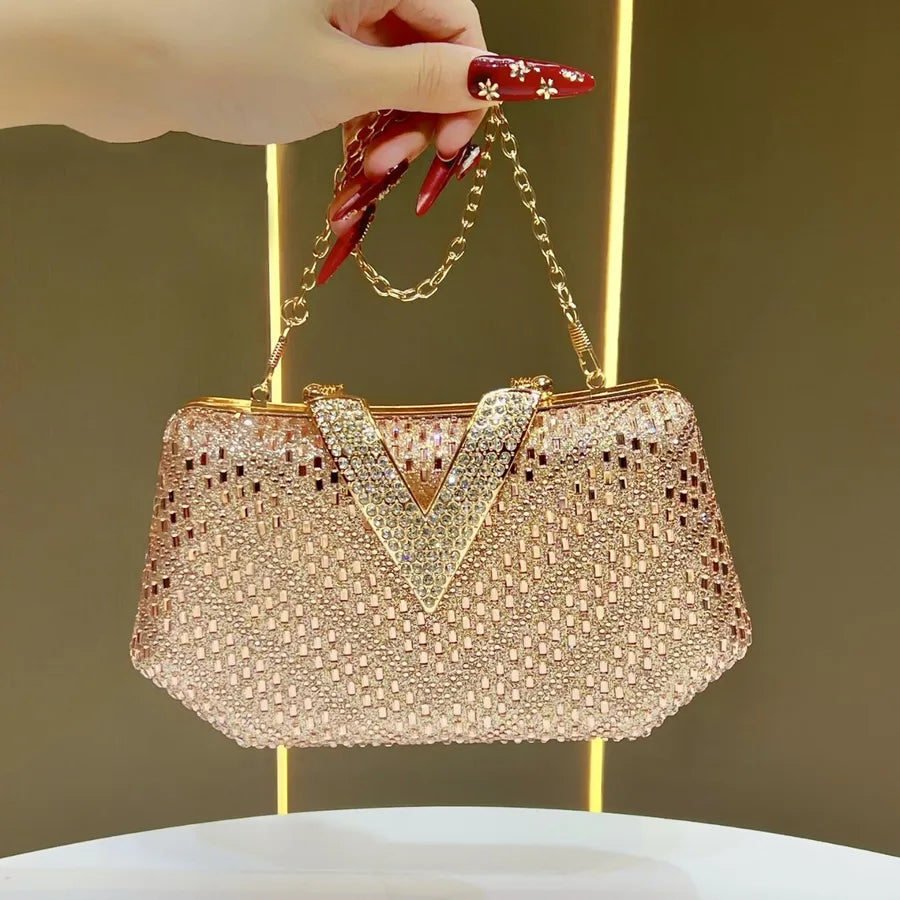 Elegant Diamond Embellished Evening Bag Women's Clutch Chain Crossbody Flag Dress Bag Handbag Single Shoulder Party Purse