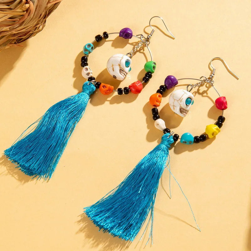 Creative Halloween Skull Tassel Earrings  Style Funny Geometric Pattern Handmade Alloy Women's Jewelry