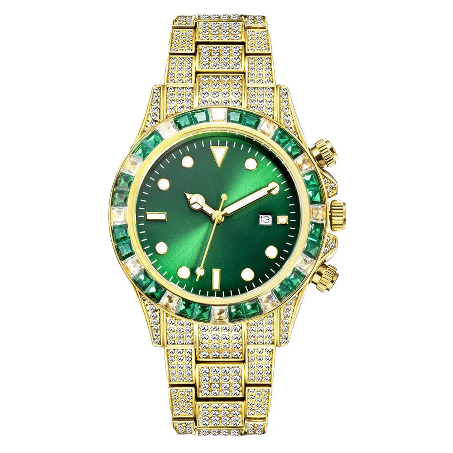 MISSFOX Watch  Explosions High-end Diamond-encrusted Ditona Full Diamond Green Plate Sun Pattern Luminous Quartz Watch