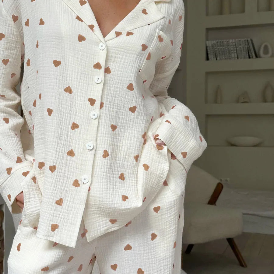 Home Outdoor Women's Sweet Heart Shape Cotton Pants Sets Pajama Sets