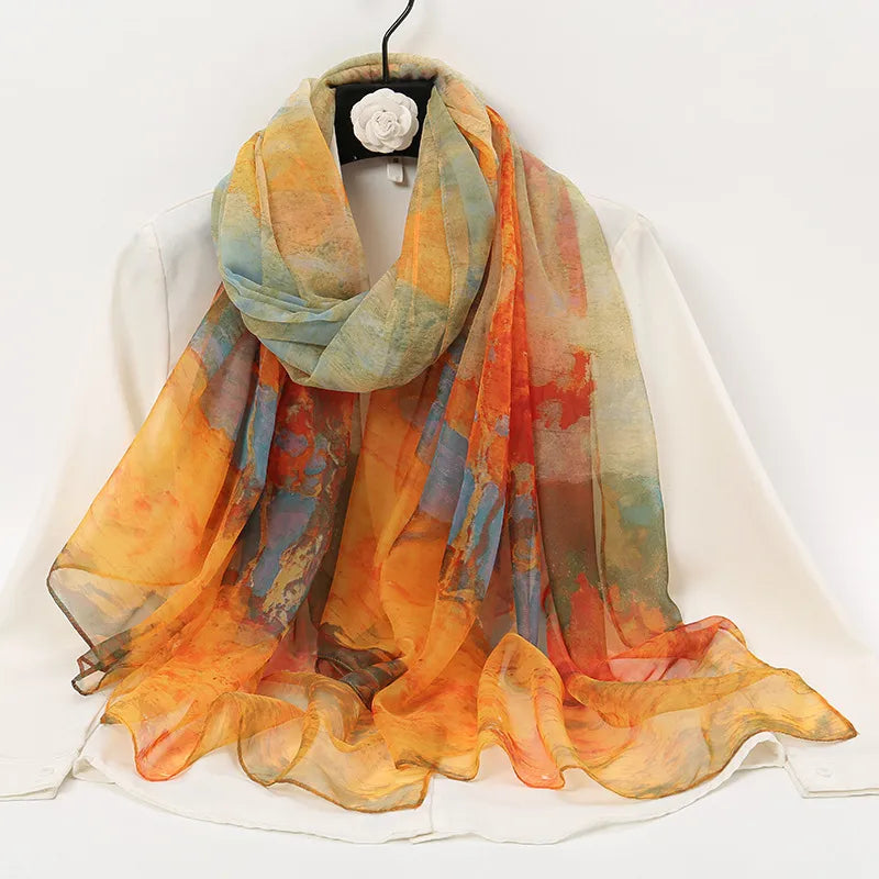 women's elegant lady color block high quality yarn printing silk scarf