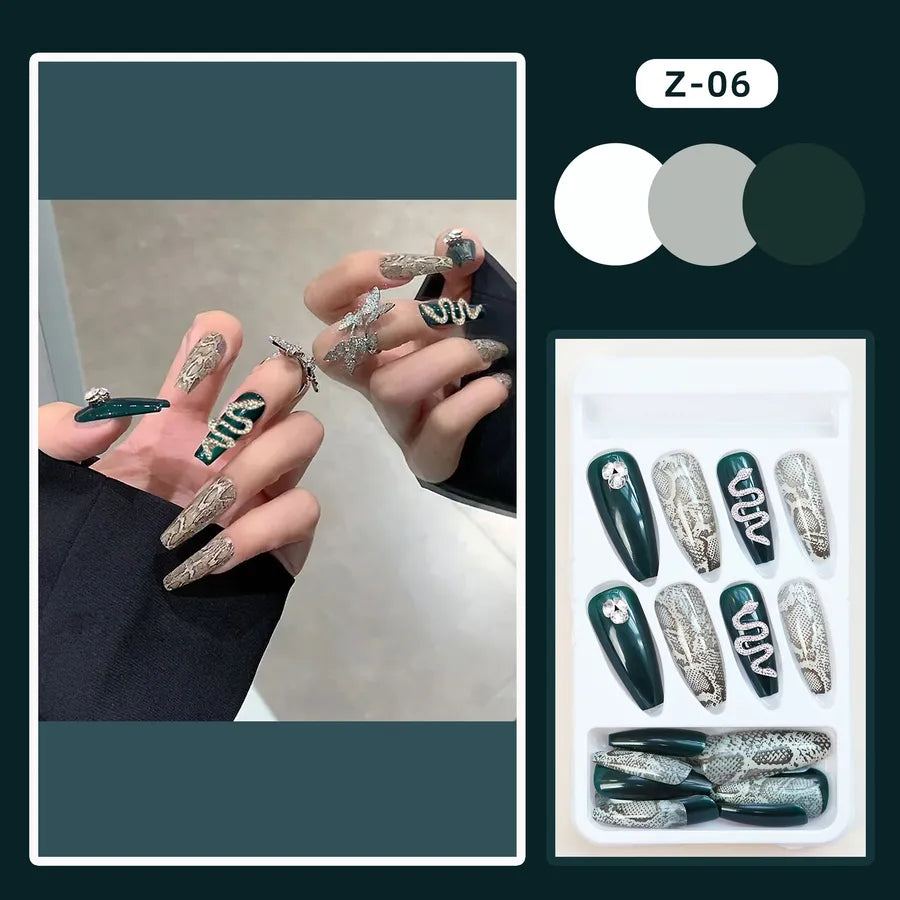 24 pcs/box Wholesale Green Long Silver Snake Rhinestone Press on Nail