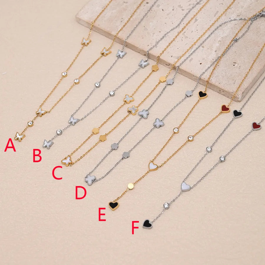 Wholesale Jewelry IG Style Sweet Red Heart Flower Butterfly 304 Stainless Steel Rhinestones Shell 18K Gold Plated Polishing cable chain Pendant Necklace