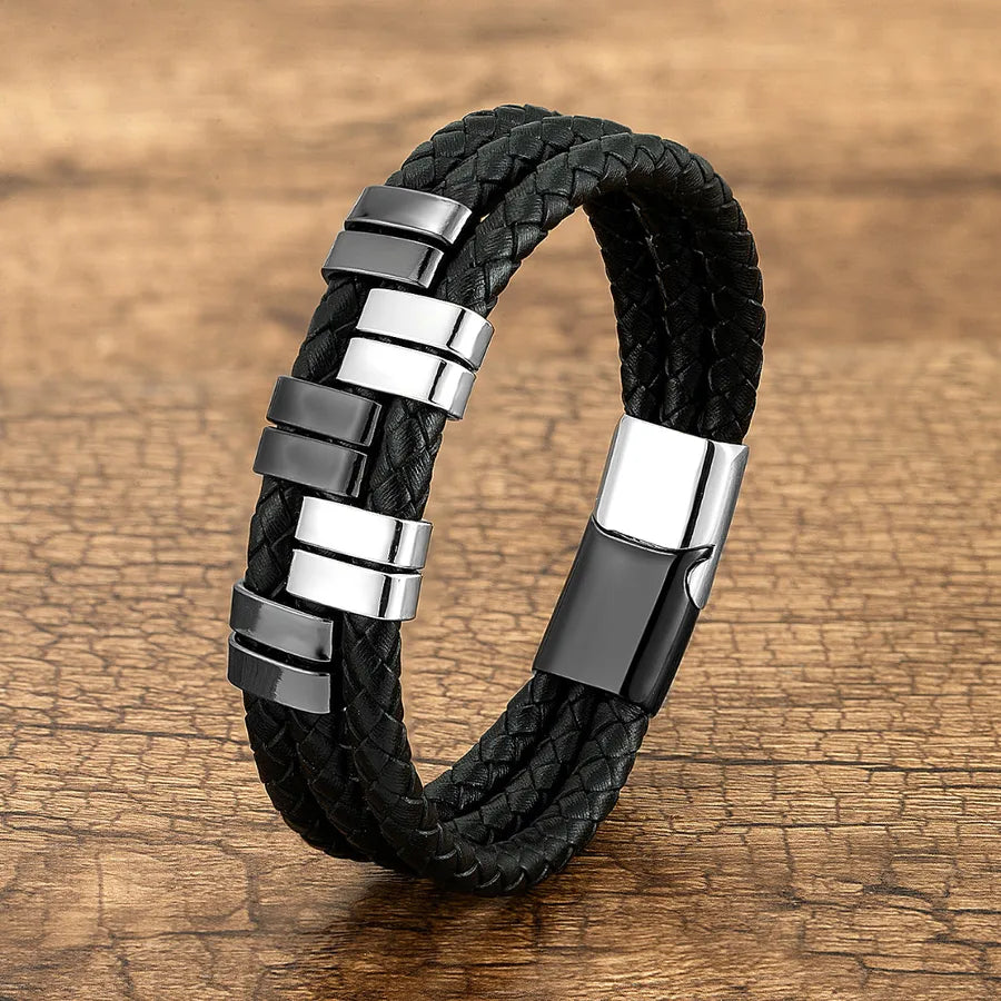 Vintage Style Exaggerated Punk Geometric Leather rope Metal Layered Handmade Metal Button Men's Bangle