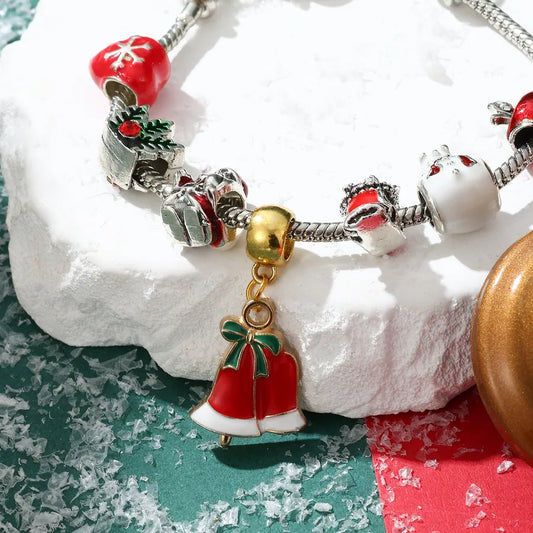 Hot-Selling Christmas Gift DIY Beaded Large Hole Beads Red Heart Snowman Apple Bell Children's Bracelet for Girls