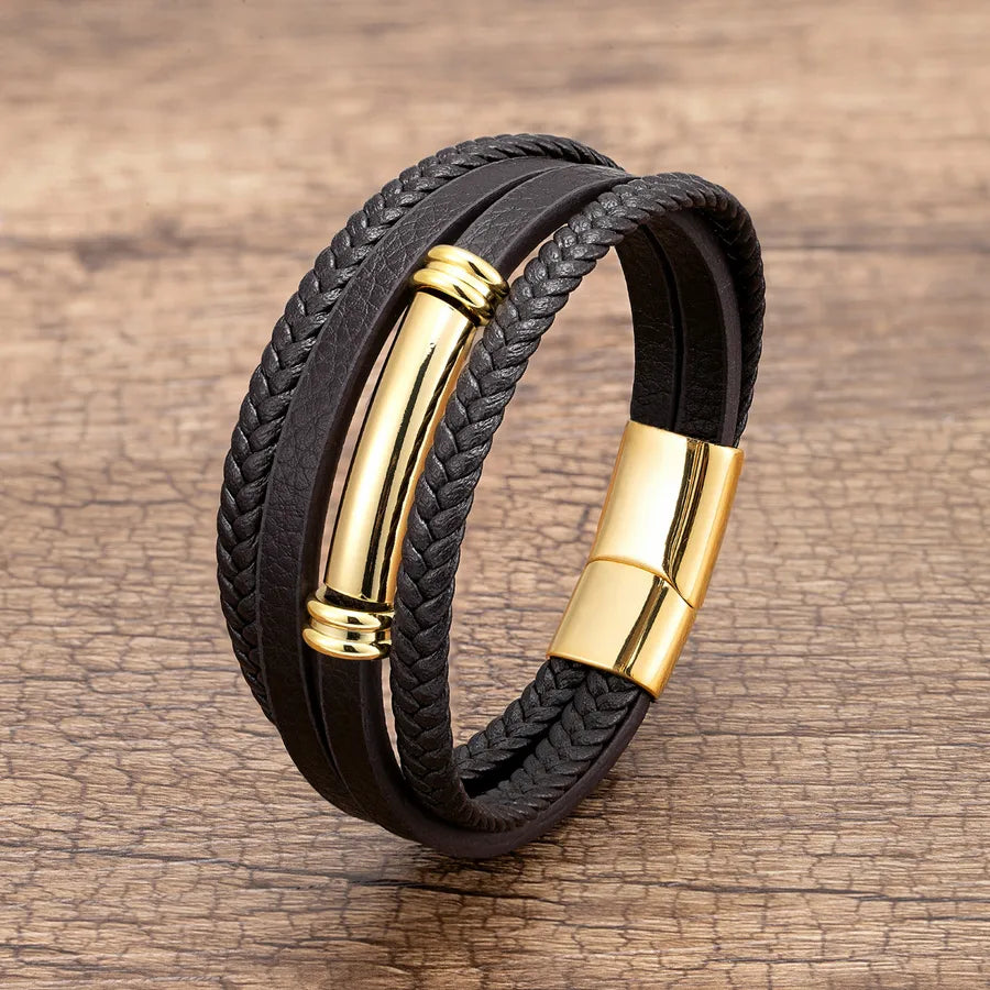 hip-hop geometric pu leather metal layered men's bracelets