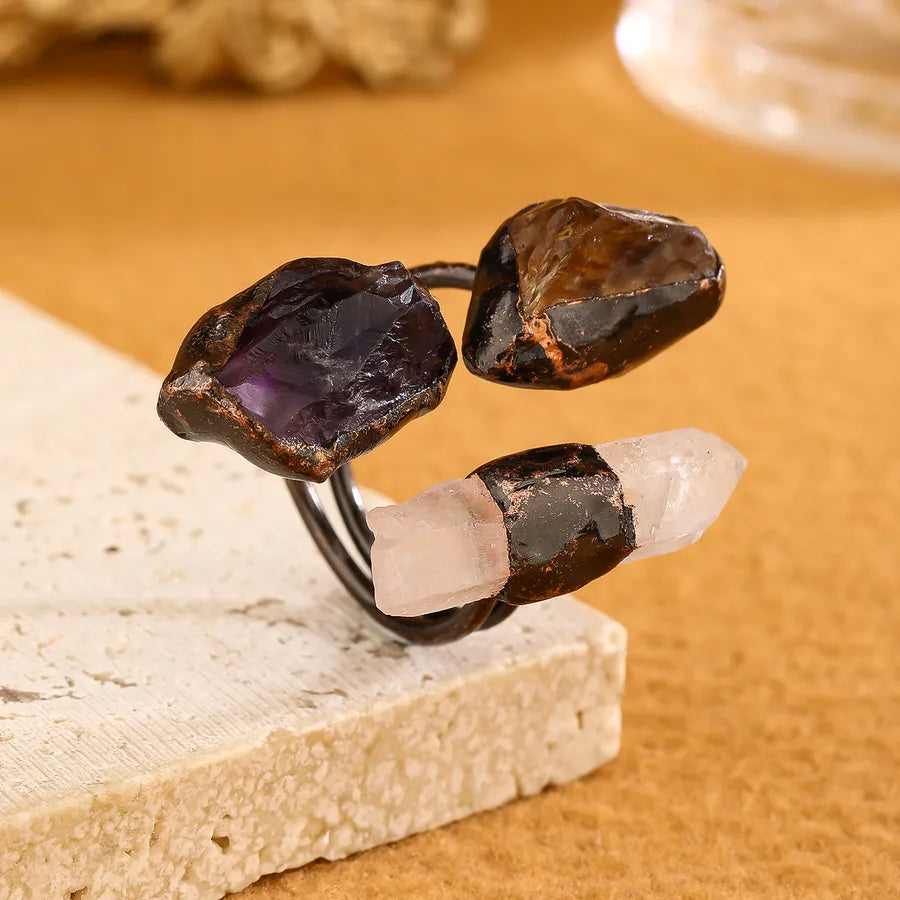 Retro Baroque Style Geometric Copper Natural Stone Crystal Open Rings In Bulk
