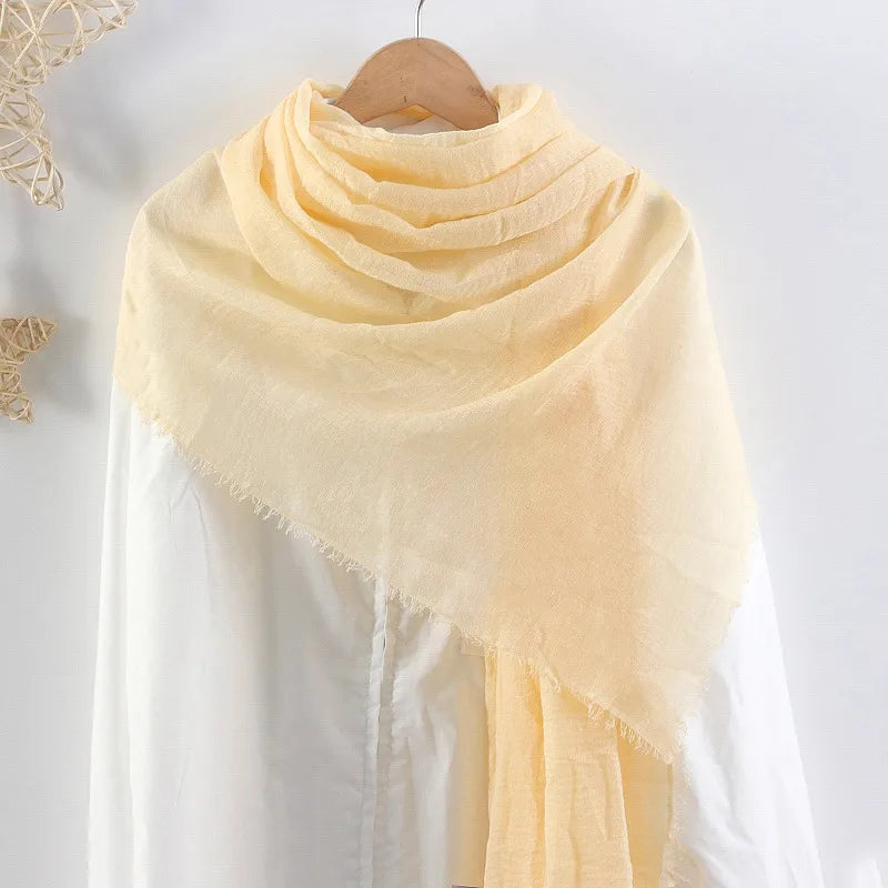 Hot selling solid color pleated cotton and linen scarf  women's bag headscarf crumpled hair fringe bubble scarf women's scarf cover head