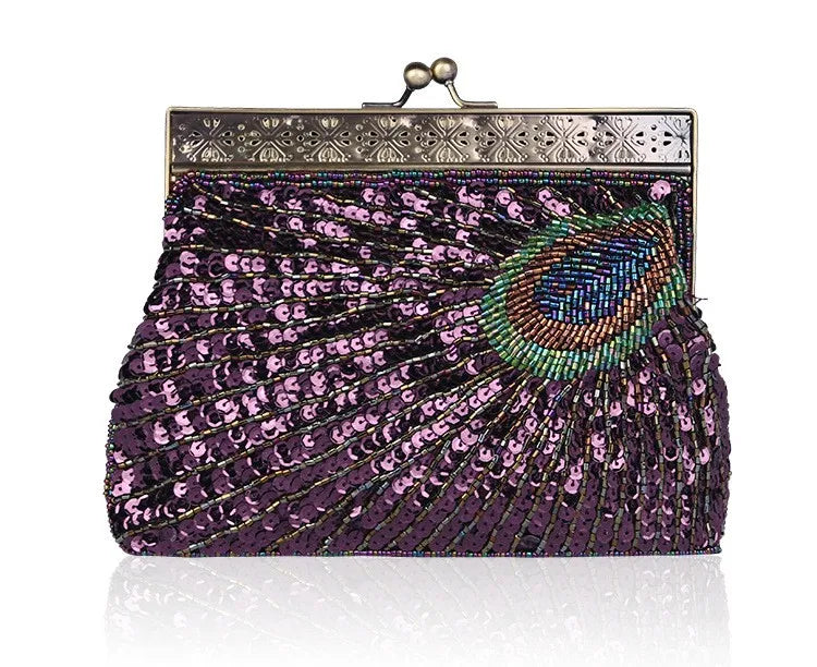 red purple blue polyester peacock feather beading sequins pearl embroidery square evening bags