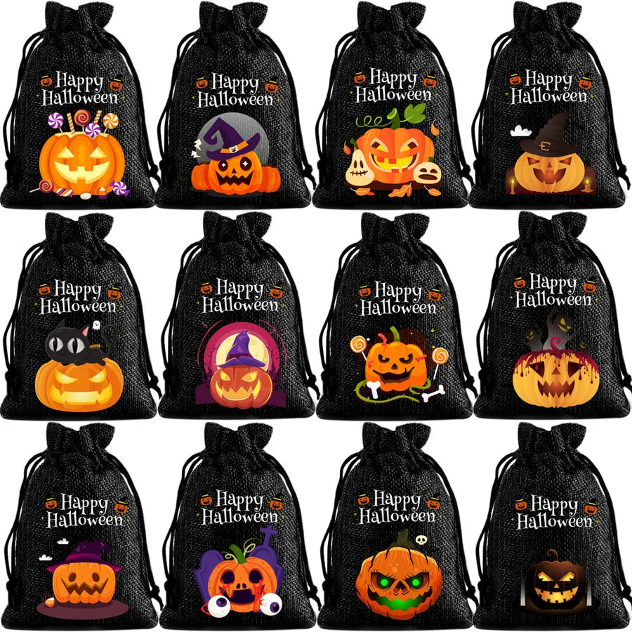 2025 New Halloween Linen Drawstring Gift Bag Pumpkin Shaped Sealed Mouth Bag Cartoon Style Heat Transfer Process Ladies Handbag