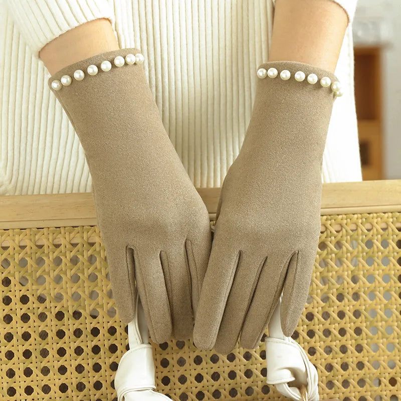 Women's Winter Fleece Lined Touchscreen Gloves Pearl Design Cycling Driving Warm New Style Cold Resistance Handwear