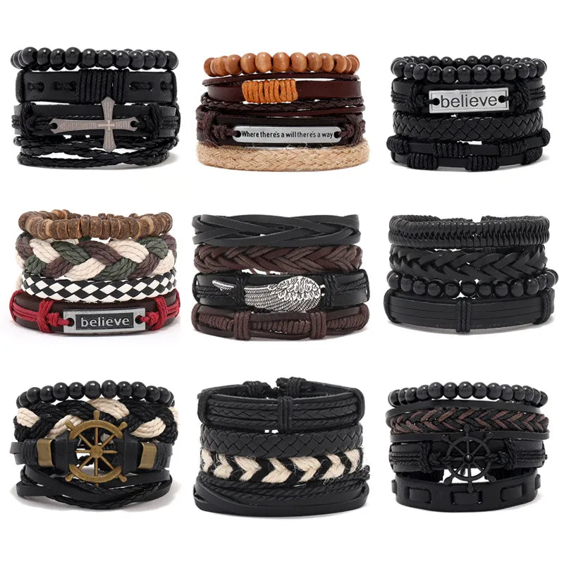 fashion cross letter pu leather beaded unisex bracelets 4 pieces
