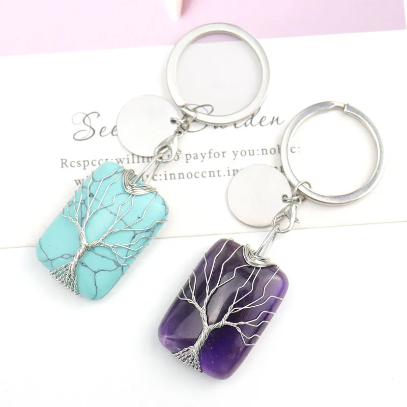 1 piece retro geometric natural stone copper plating unisex keychain