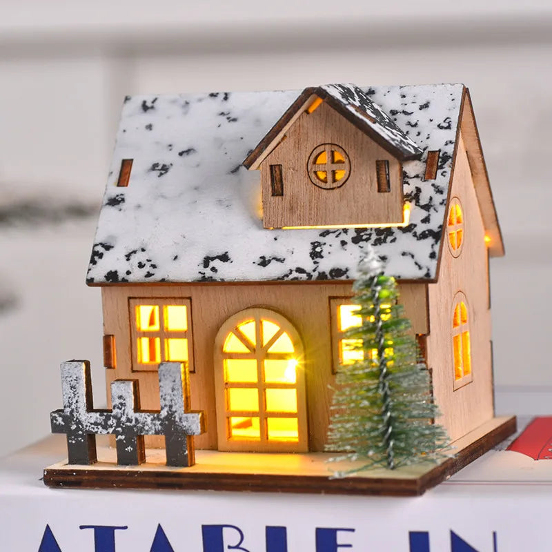 Christmas Decorative LED Lighted Wooden Cabin Tabletop Display Christmas Decoration Wooden Material Illuminated Little House