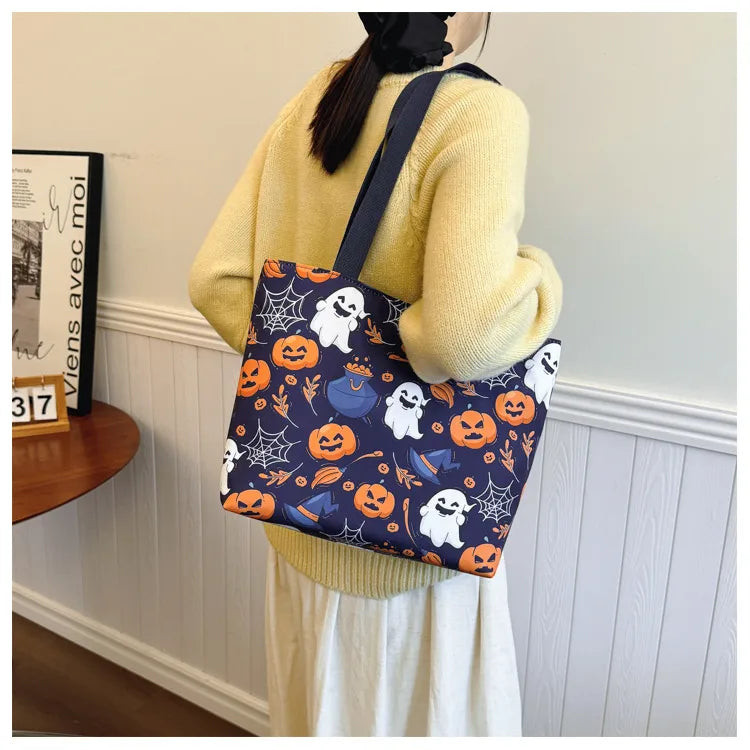 Halloween High Capacity Tot Bag Pumpkin Witch Casual Single Shoulder Bucket Shape Zipper Closure Nylon Material Street Style
