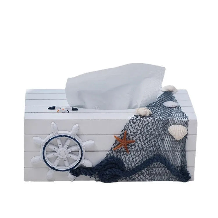 Marine Style Starfish Rudder Wood Tissue Box