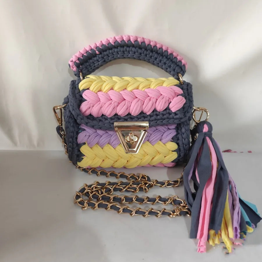 New Handmade Woven Color Contrast Patchwork Color Chain Tassel Handbag Messenger Bag