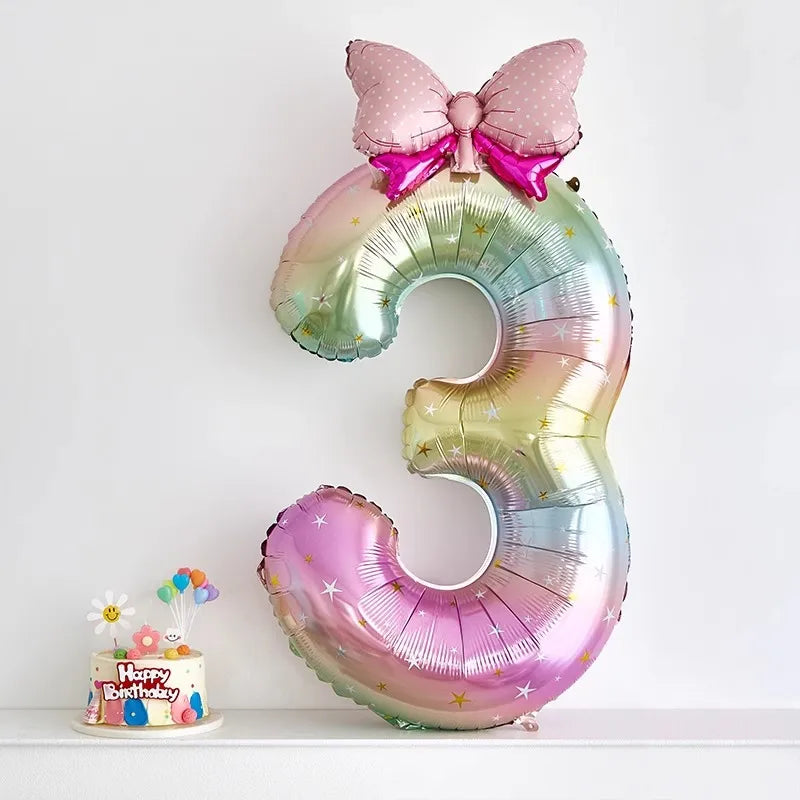 40-Inch Rainbow Star Gradient Colorful Balloons With Bow Knot Set Birthday Party Scene Decorations Digital Number Balloons