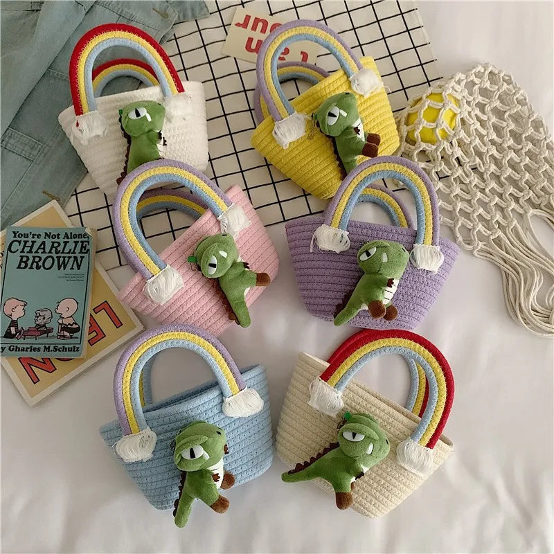 Women's Braid Cartoon Rainbow Dinosaur Cute Square Open Handbag
