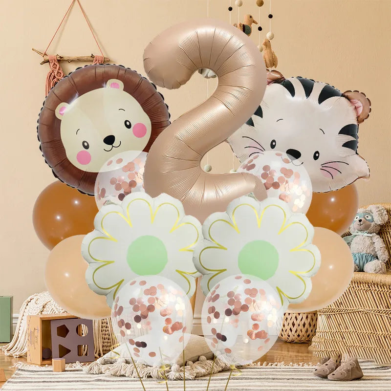 Retro Forest Tiger Lion Animal Balloon Set Caramel Digital Birthday Party Decoration Balloon Aluminum Foil Material