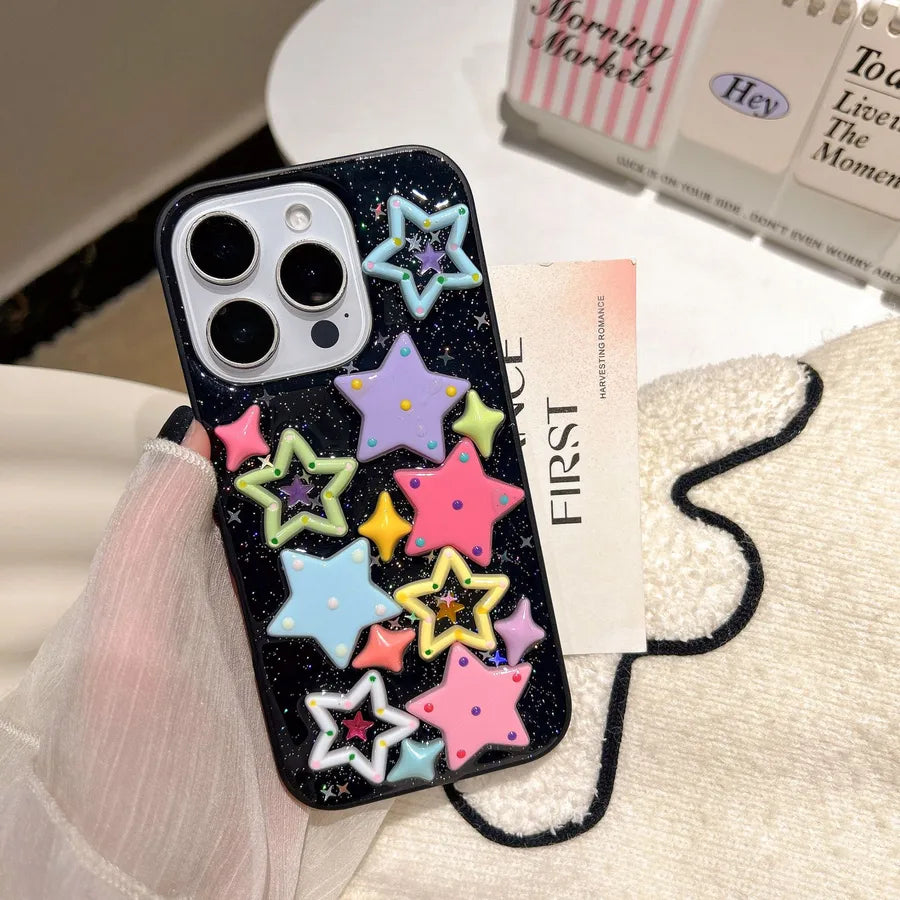 Colorful Star Cute Phone Case For Apple 16Promax iPhone 17 New Model Transparent Black Handmade Customizable Mobile Shell