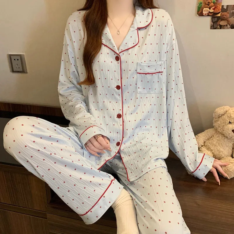 Sweet Girl Heart Print Open Cardigan Sleepwear Long Sleeve Crepe Home Clothes Set Spring New Style Casual Breathable Polyester