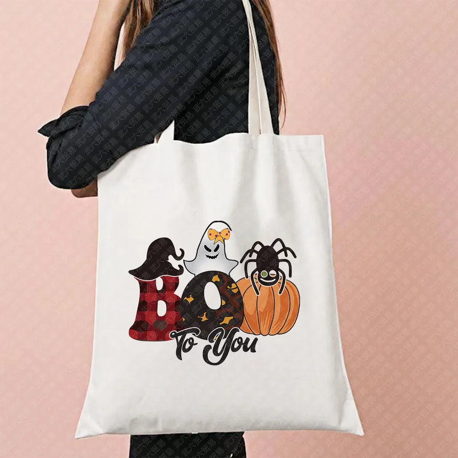 Halloween Witch Pattern Canvas Tote Bag Reusable Shopping Bag For Commuting Traveling Women Large Square Fashionable Bag
