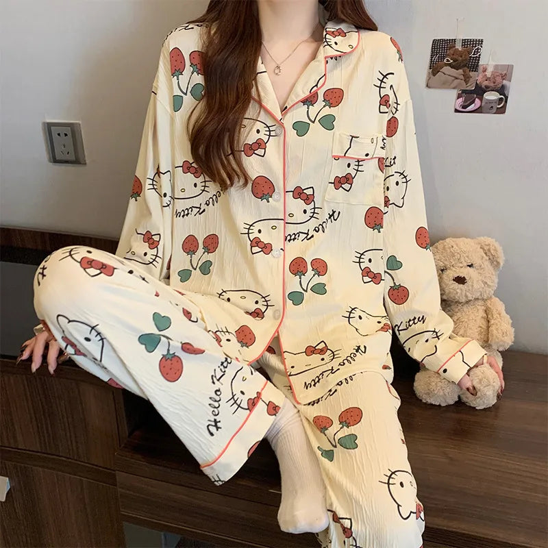 Sweet Girl Heart Print Open Cardigan Sleepwear Long Sleeve Crepe Home Clothes Set Spring New Style Casual Breathable Polyester