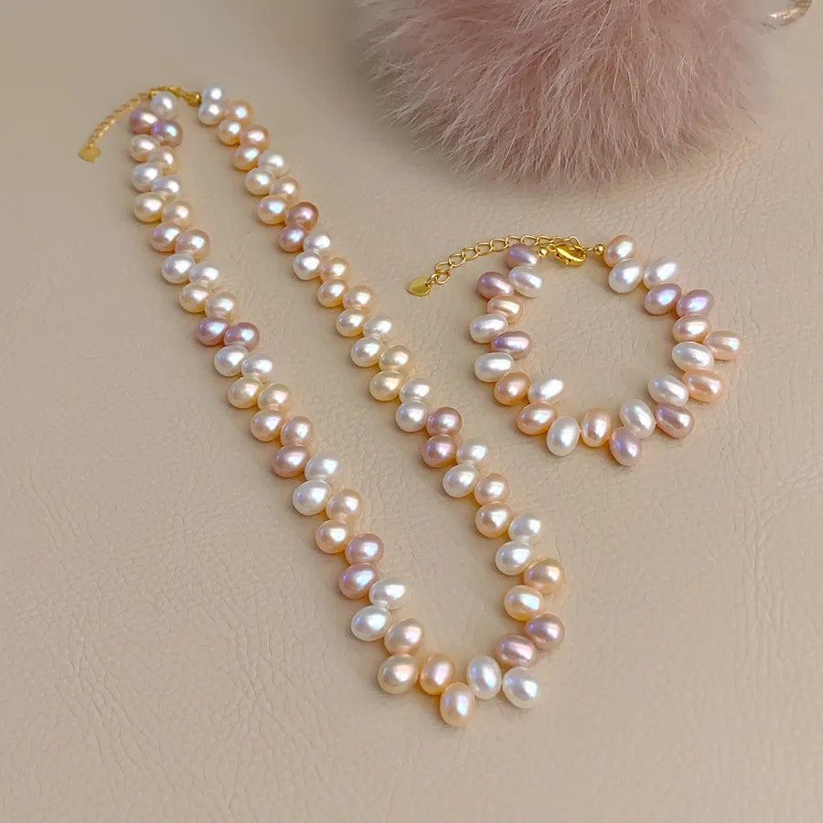 Natural Freshwater Pearl Rice Bead Necklace Bracelet Women's Mixed Color Three-Hole Candy Style Jewelry Simple Design