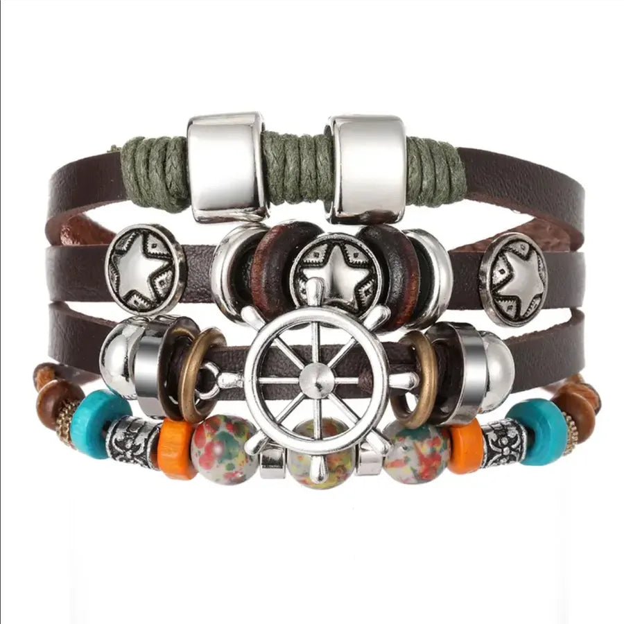retro handmade color block pu leather alloy wooden beads beaded handmade braid silver plated men's drawstring bracelets