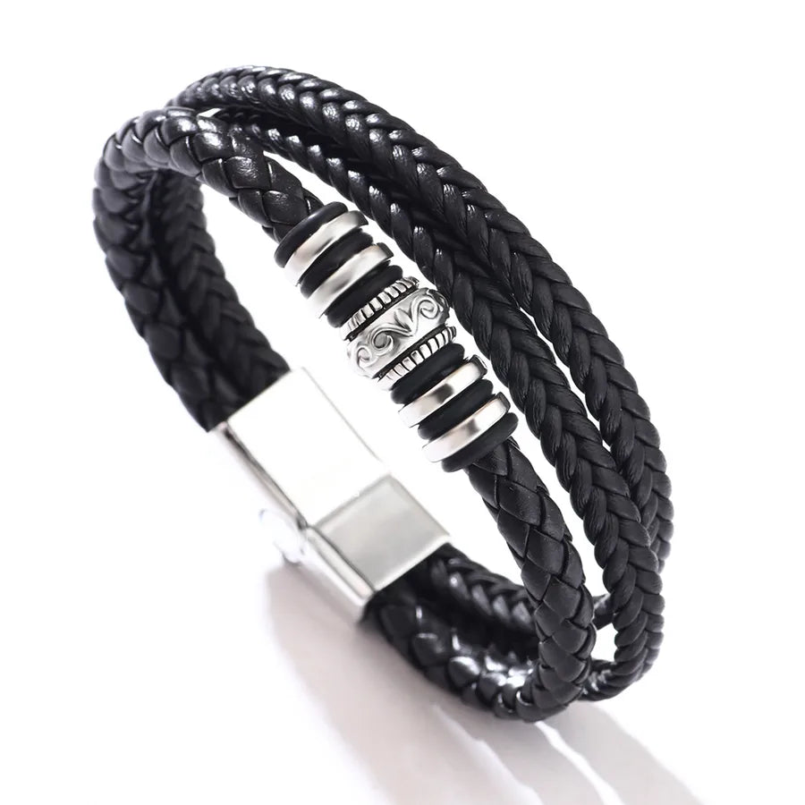 supply leather bracelet laser magnetic buckle bracelet multi-layer woven PU leather bracelet men's  High sense